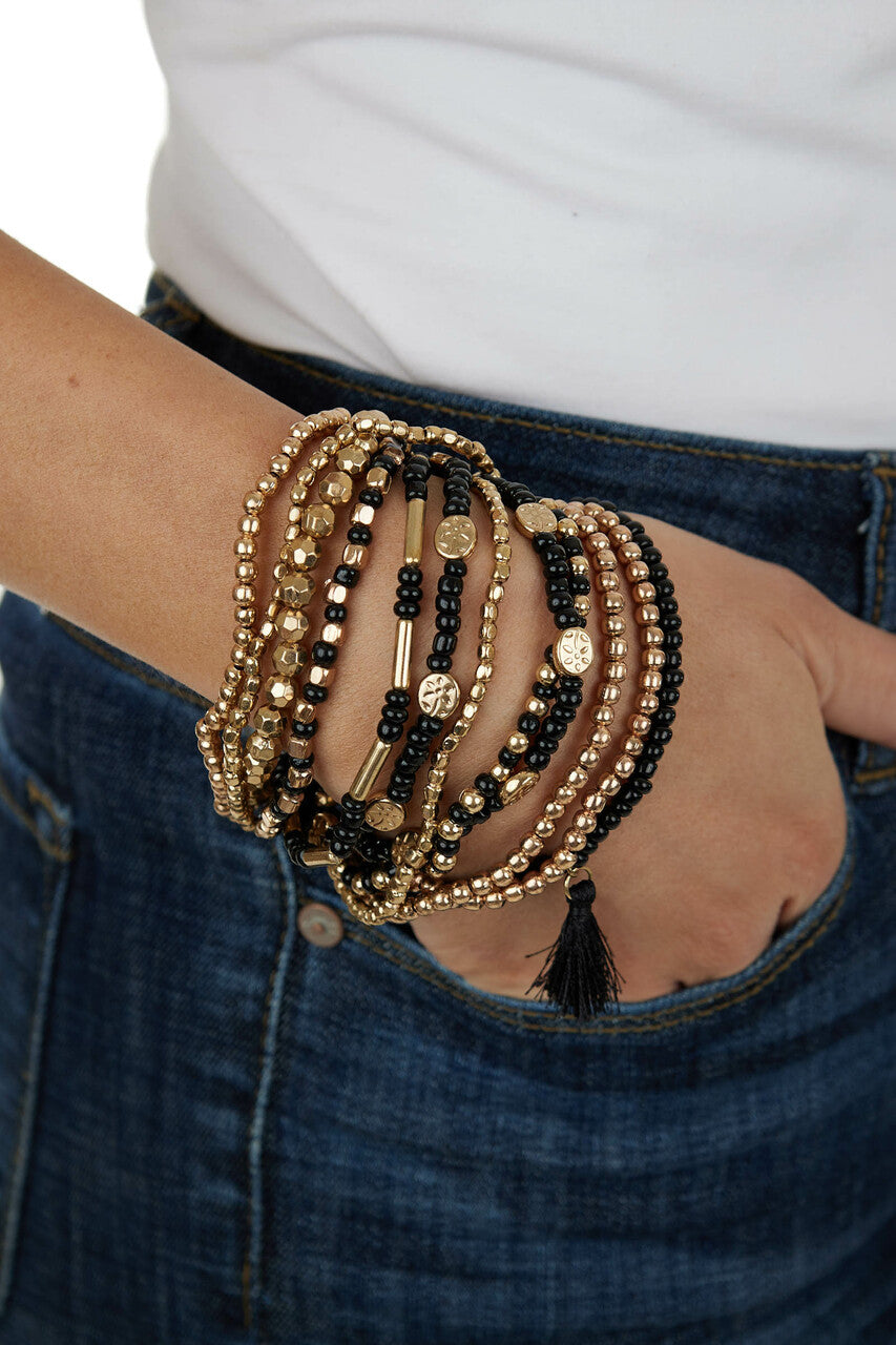 Black and Gold 12 Piece Beaded Bracelet Set