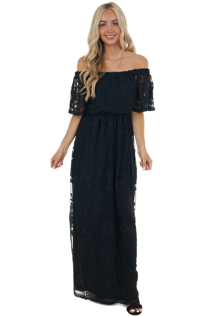 Black Off Shoulder Floral Lace Overlay Maxi Dress 