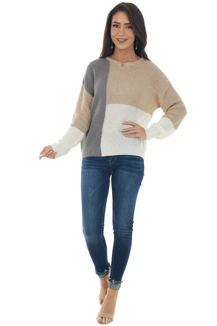 Beige Colorblock Long Sleeve Knit Sweater 