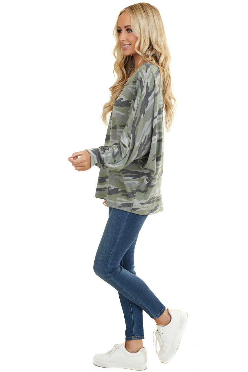 Sage and Grey Camo Knit Top with Long Dolman Sleeves