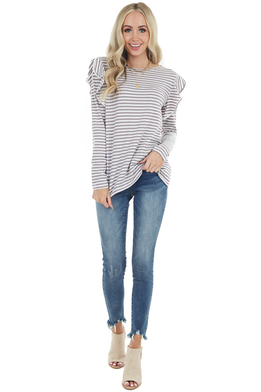 Mocha and Ivory Striped Long Sleeve Top with Ruffle Detail 
