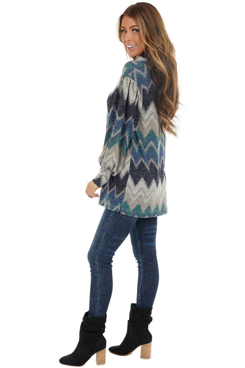 Navy Multicolor Zigzag Print Knit Top with Cowl Neck
