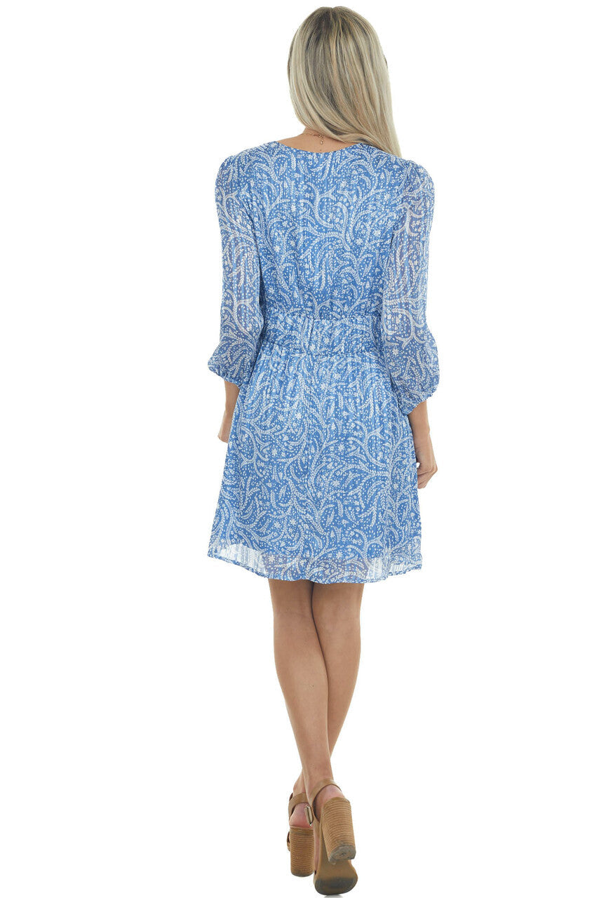 Rich Cobalt and Ivory Floral Long Sleeve Dress