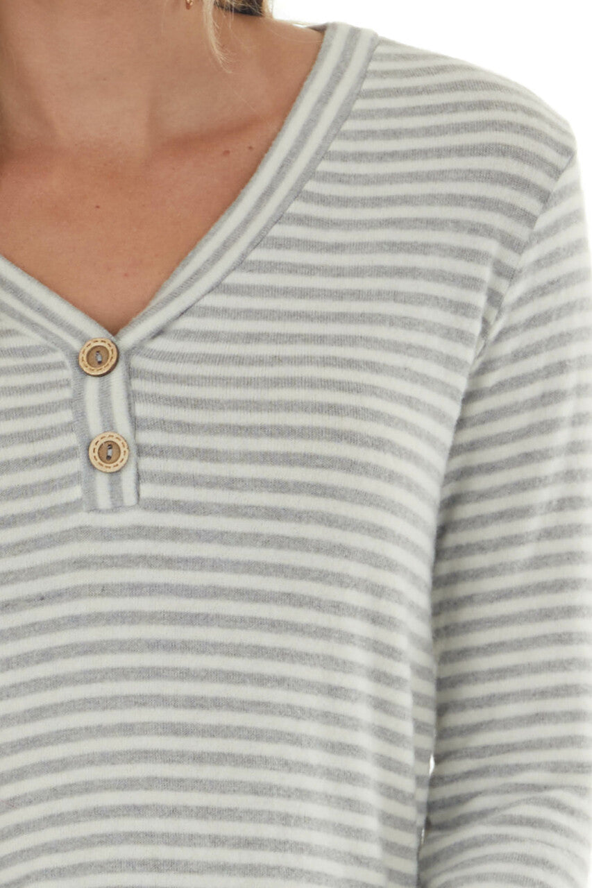 Dove Grey Striped Brushed Knit Button Top