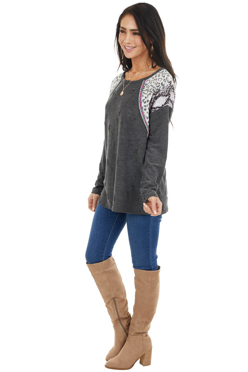 Charcoal Distressed Top with Leopard and Snake Print