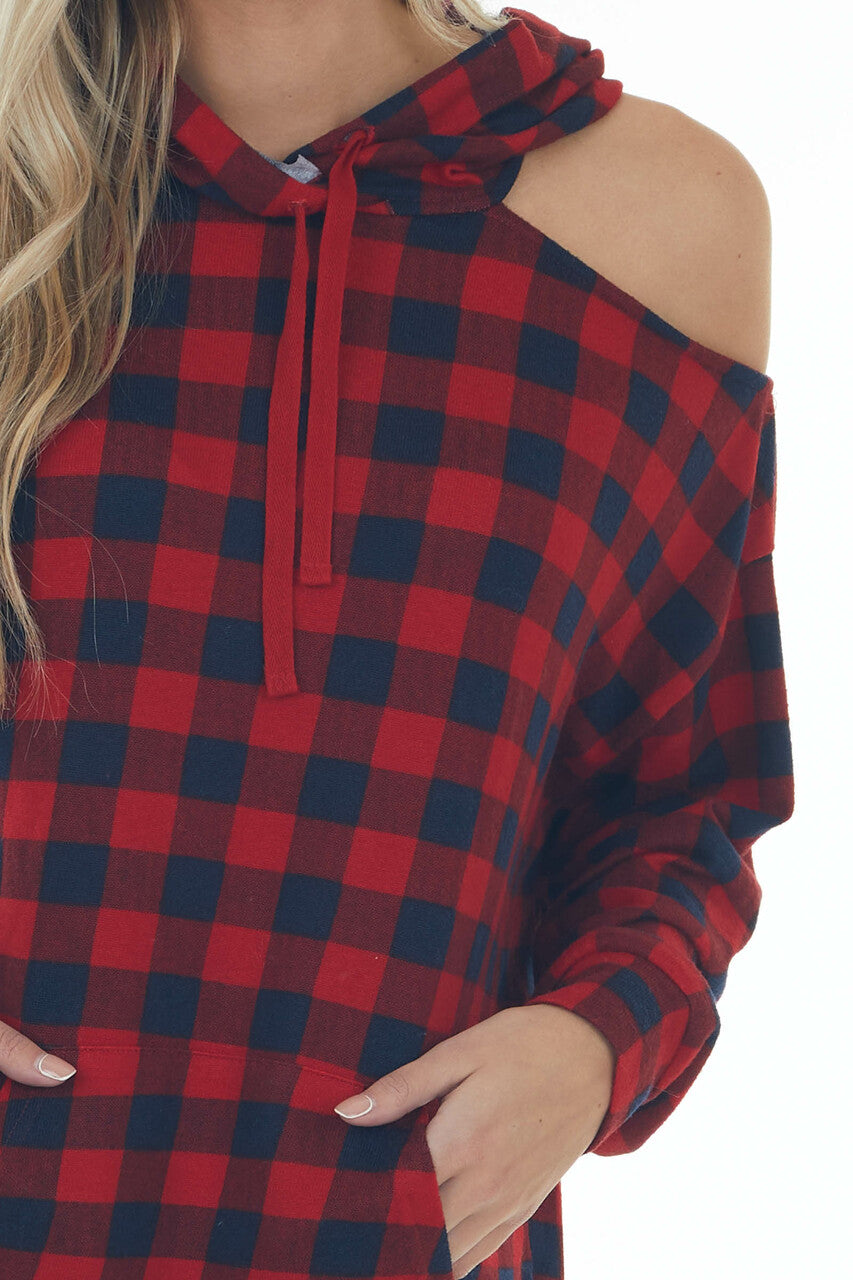 Cranberry Checkered Plaid Cold Shoulder Hoodie 