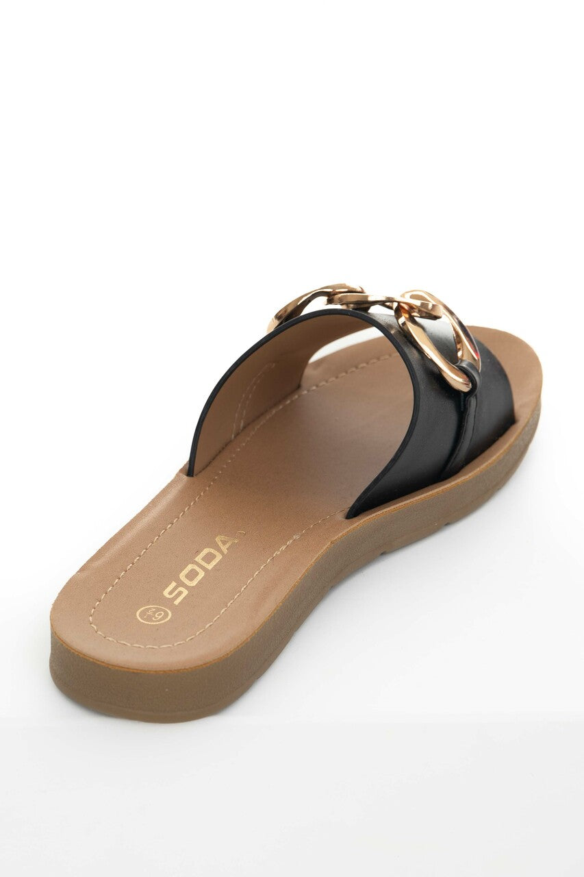 Black Pleather Band Sandals with Chain Detail