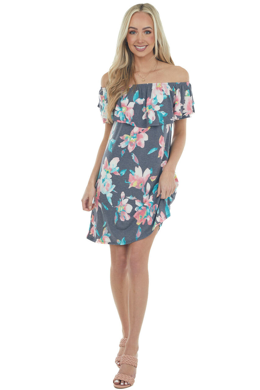 Navy Floral Off Shoulder Overlay Mini Dress