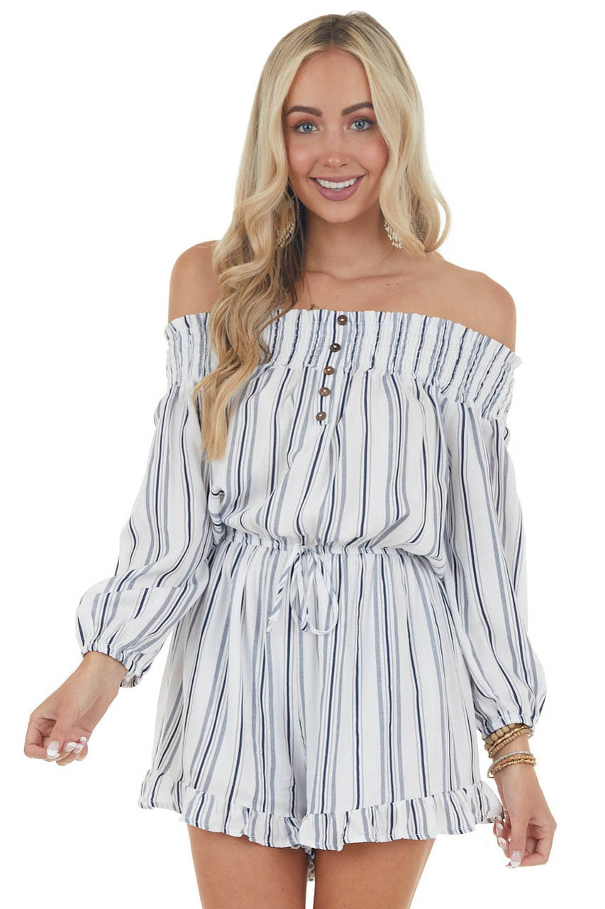 Off White and Navy Striped Romper with Buttons