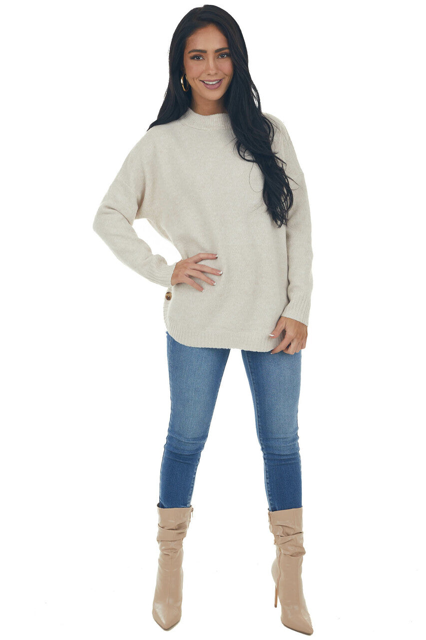 Oatmeal Crew Neck Button Detail Sweater Top