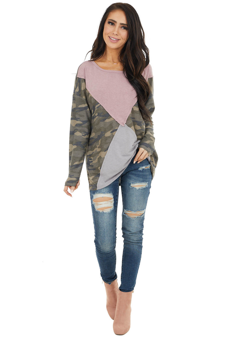 Camo Colorblock Long Sleeve Knit Top with Raw Edge Detail