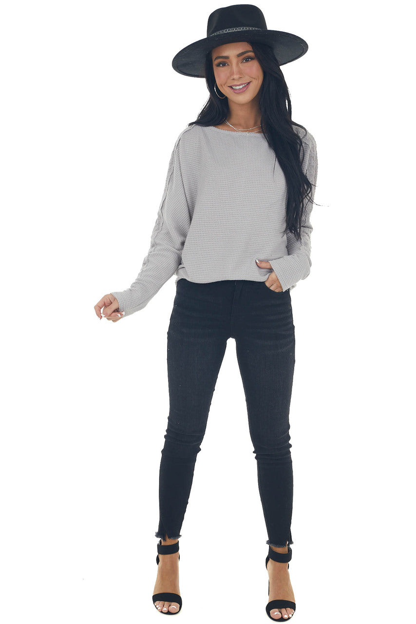 Dove Grey Waffle Knit Dolman Lace Sleeve Top 