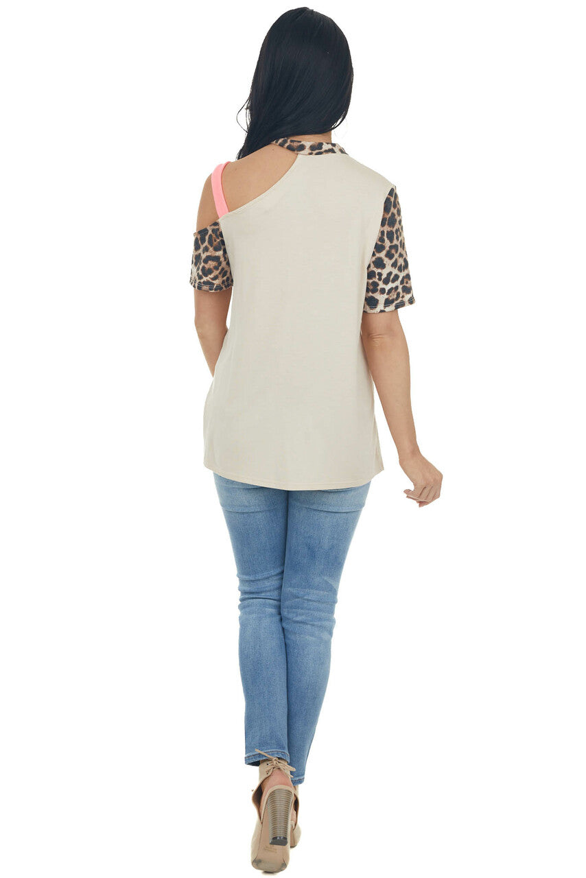Beige and Neon Pink Leopard Print Top