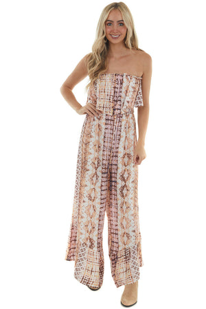 Pastel Pink Abstract Print Strapless Jumpsuit