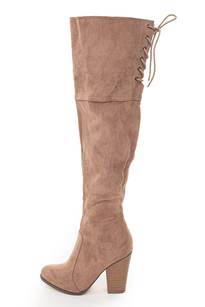Taupe Over the Knee High Boots with Lace Up Back Detail