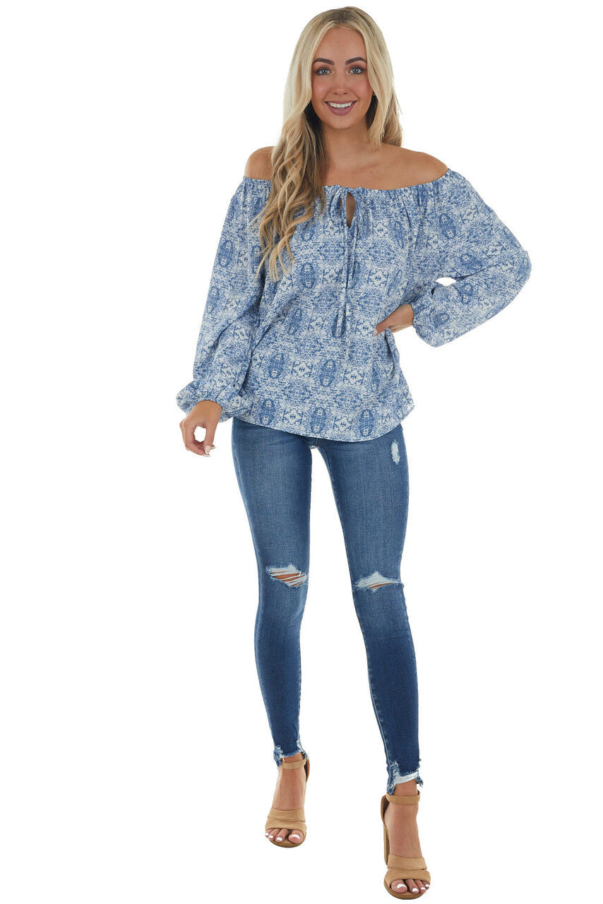 Ocean Blue Printed Off Shoulder Blouse