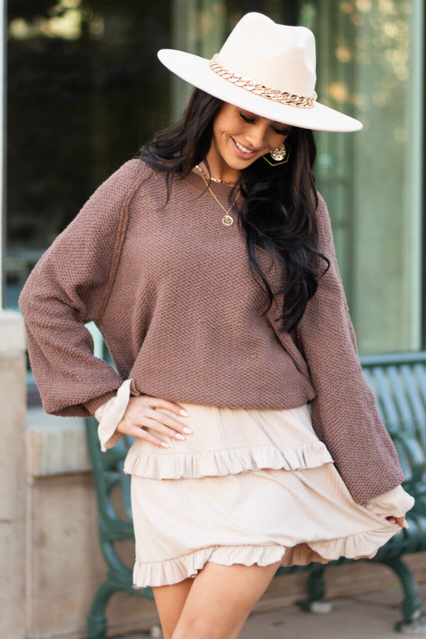 Chocolate Long Sleeve Lightweight Sweater with Raw Details