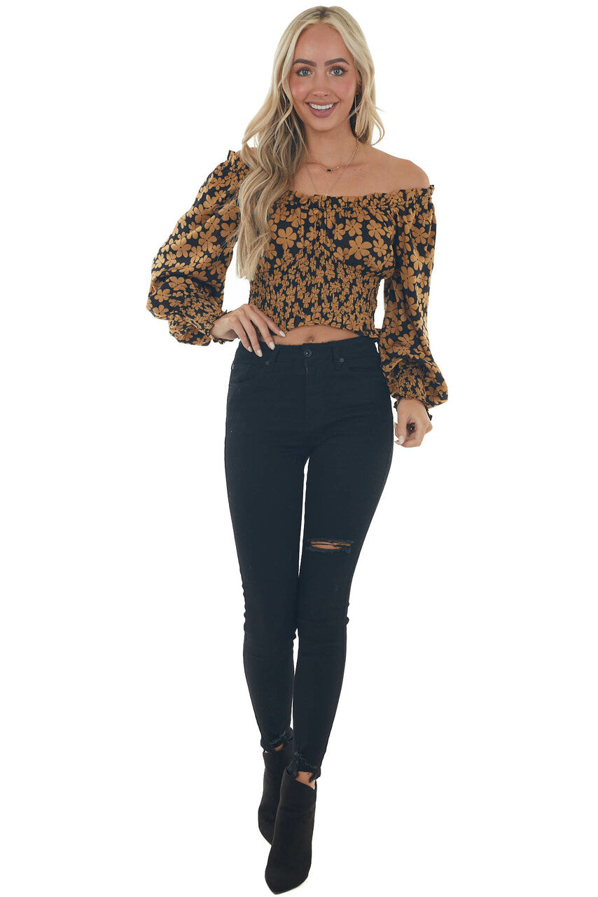 Black and Copper Floral Cropped Satin Blouse