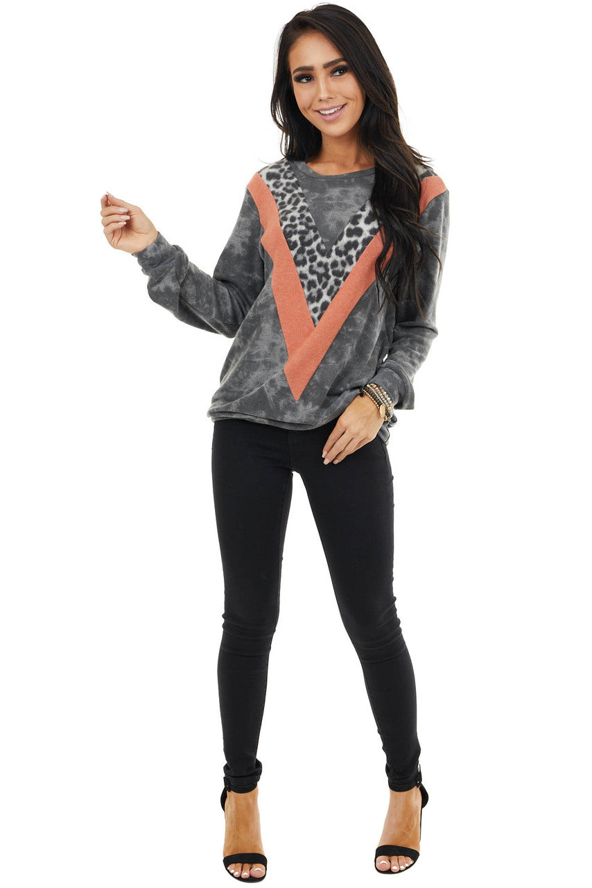 Charcoal and Tangerine Knit Top with Leopard Print Detail 