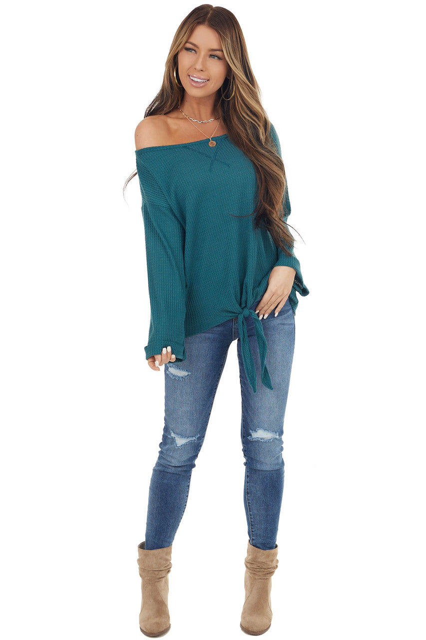 Pine Long Sleeve Waffle Knit Top with Front Tie Detail
