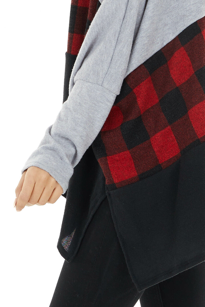 Crimson Red Buffalo Plaid Cowl Neck Long Sleeve Poncho