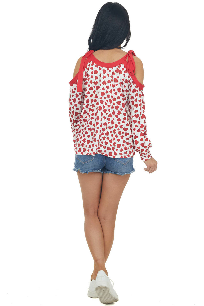 Ivory Heart Print Cold Shoulder Knit Top