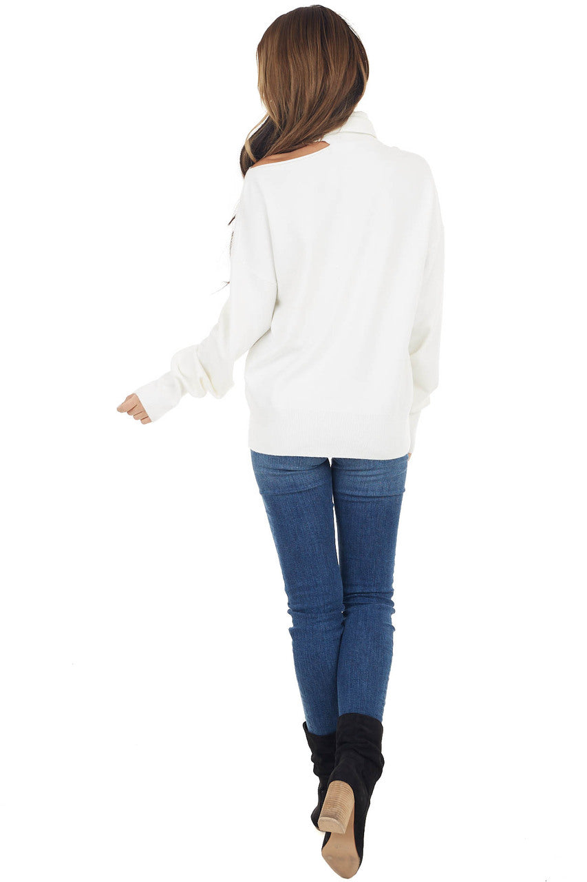 Off White Turtleneck Knit Top with Single Shoulder Cutout