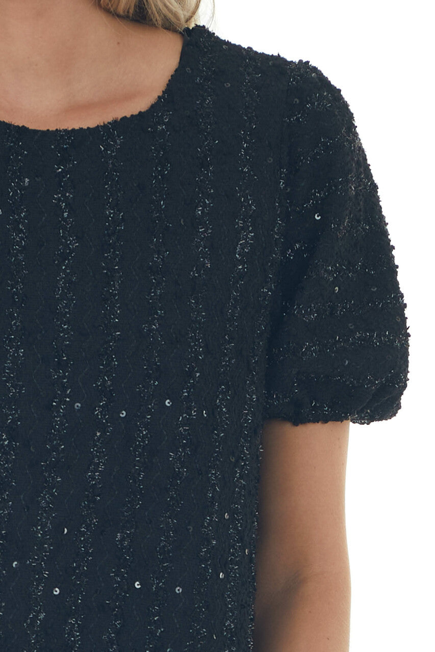 Black Textured Metallic Threaded Shift Dress