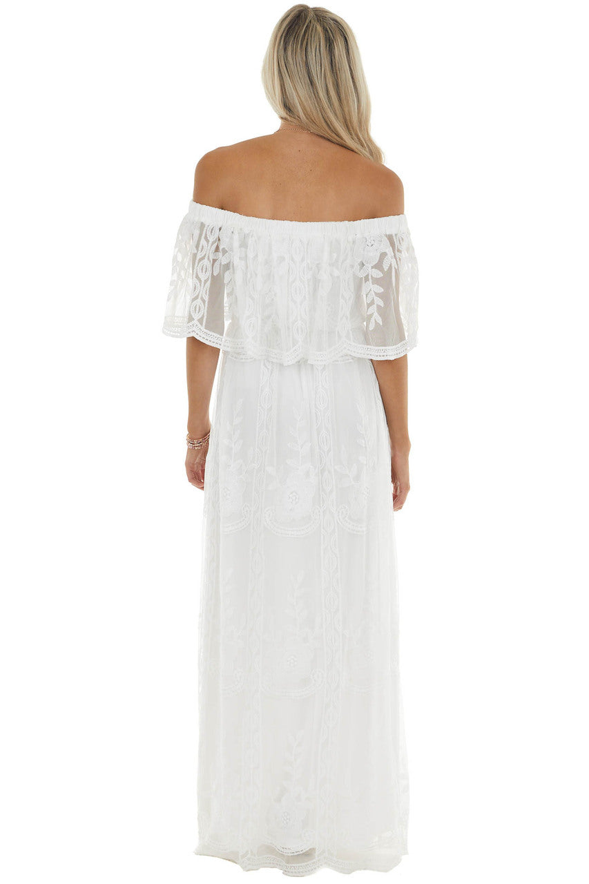 Off White Off Shoulder Floral Lace Overlay Maxi Dress