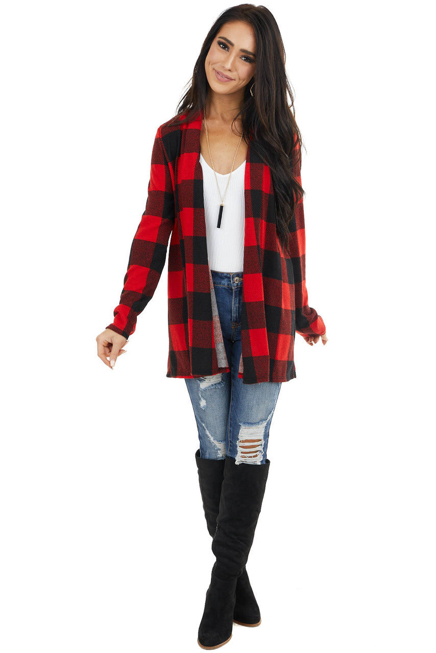 Crimson and Black Buffalo Plaid Cardigan with Elbow Patches