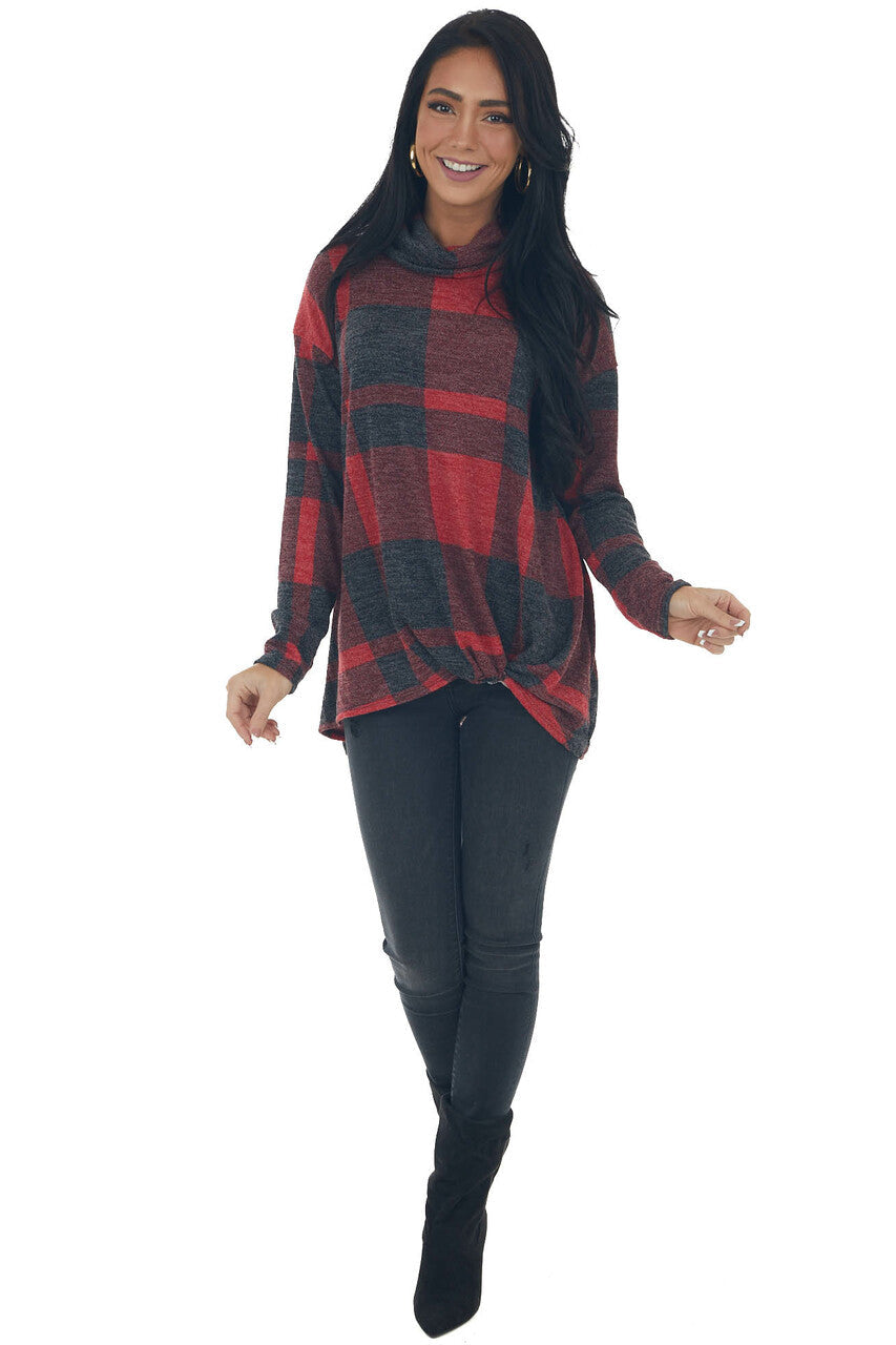 Red Plaid Long Sleeve Turtleneck Top