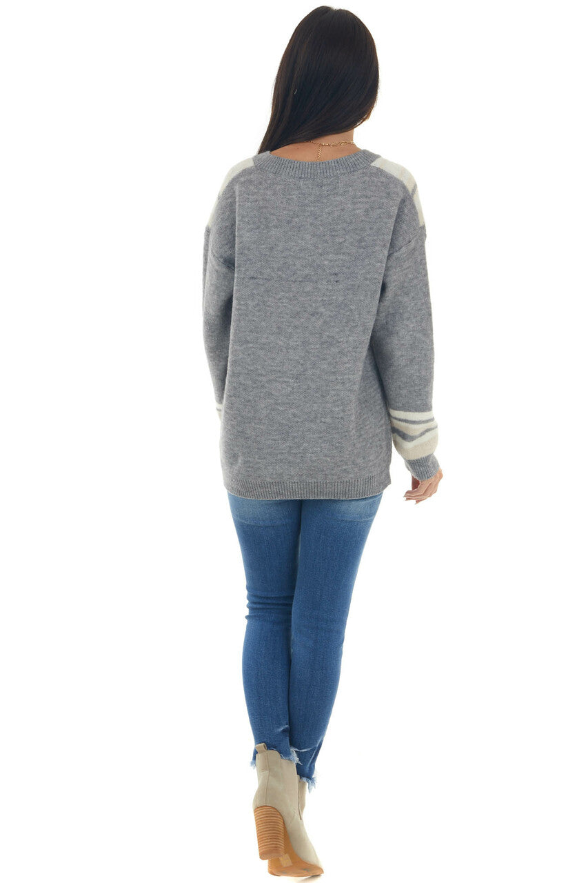 Heathered Steel Striped Chevron V Neck Sweater 