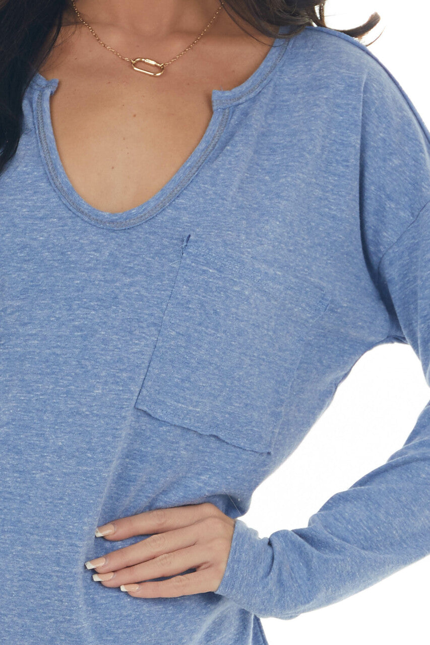 Heathered Blue Notch Neck Chest Pocket Top