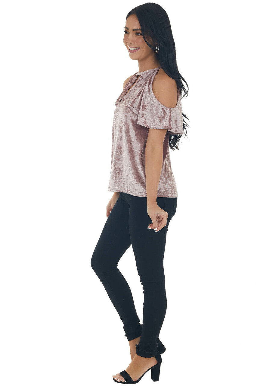 Dusty Rose Velvet Ruffle Cold Shoulder Top