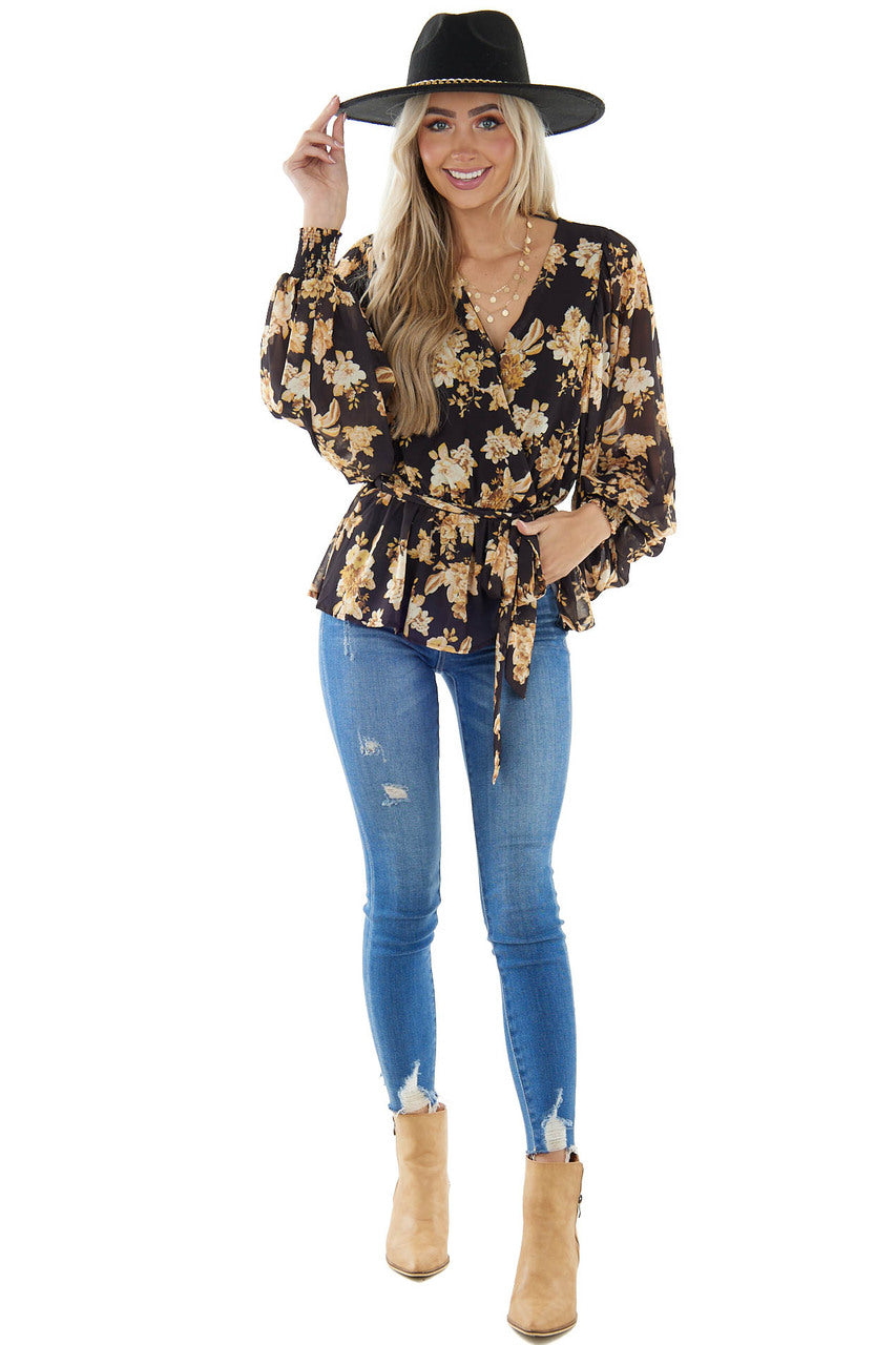 Black Floral Surplice Top With Bubble Sleeves