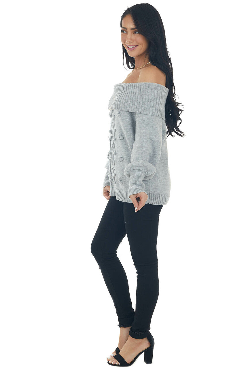 Dove Grey Off Shoulder Pom Pom Detail Sweater 