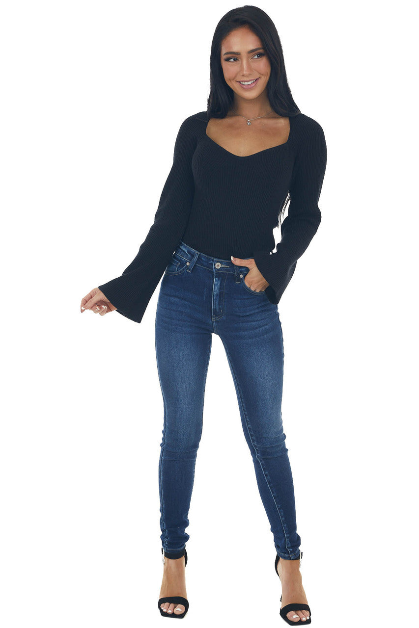 Black Flare Sleeve Side Slit Ribbed Sweater 