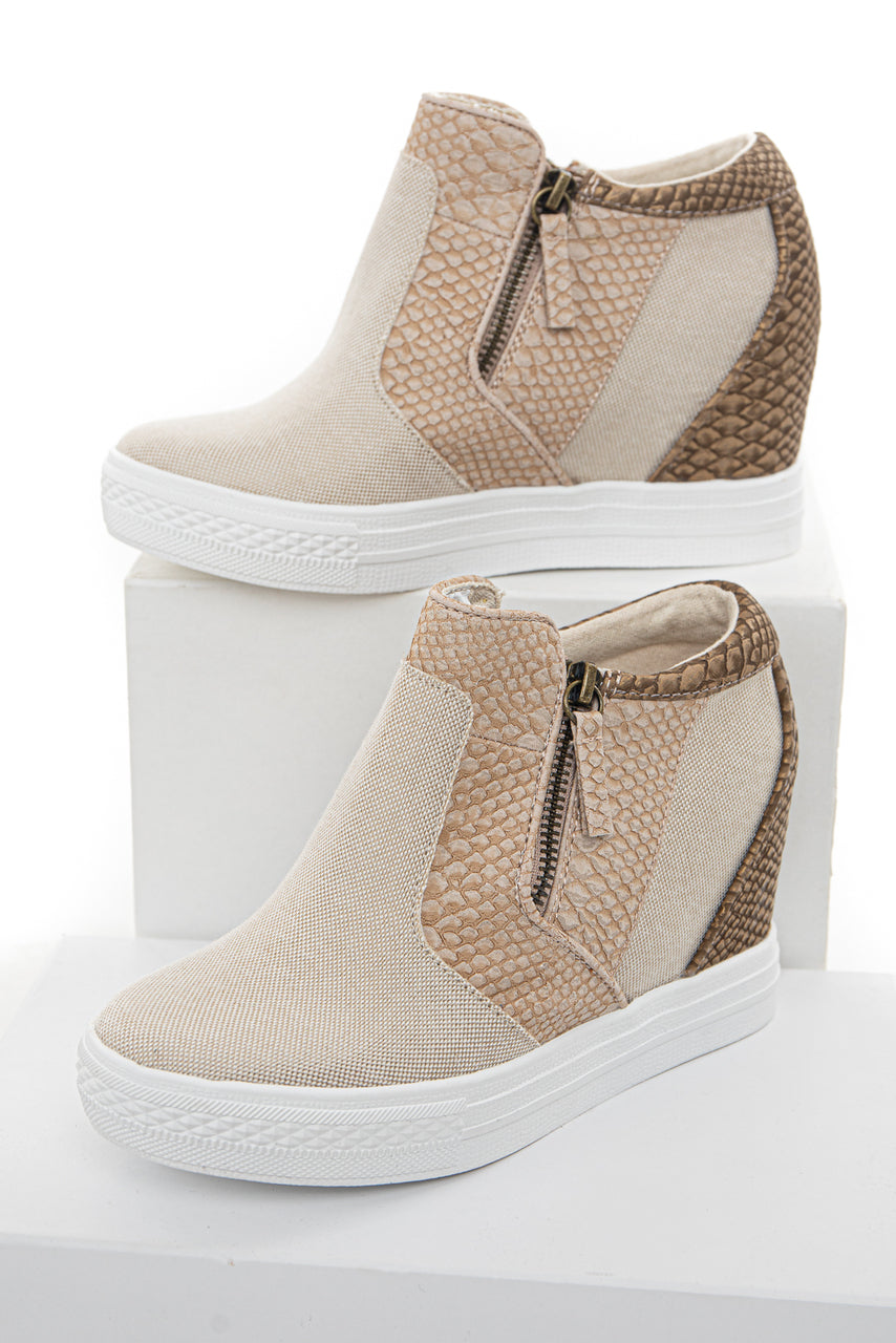 Beige and Snakeskin Print Wedge Sneakers with Dual Zippers 