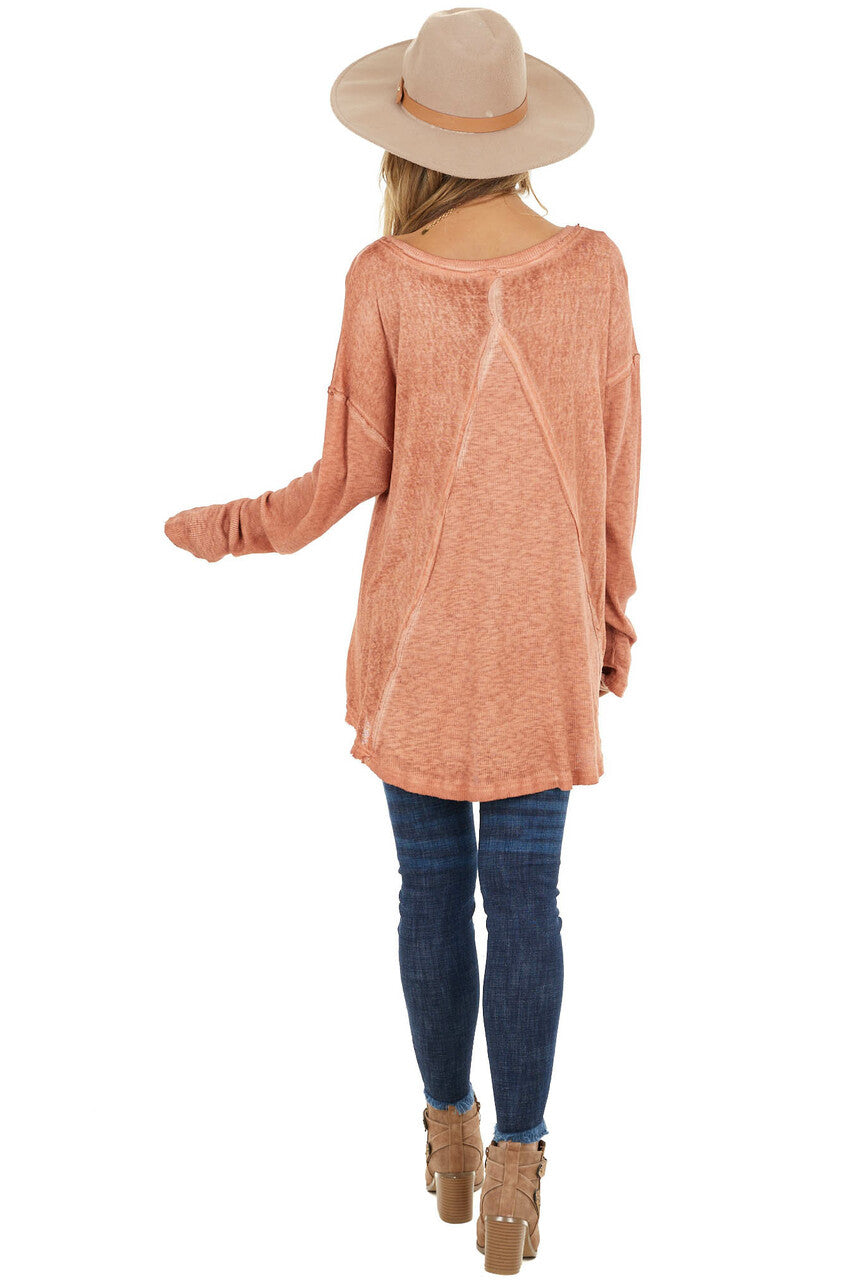 Heathered Terracotta Knit Top with Ribbed Knit Details