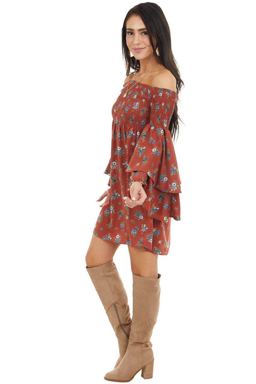 Brick Red Floral Print Off the Shoulder Mini Dress