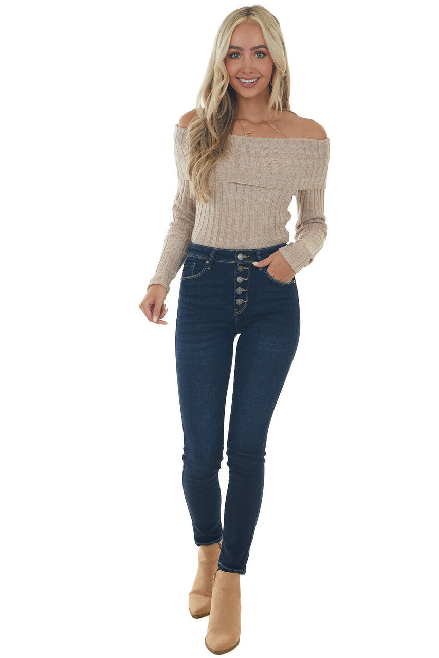 Rich Latte Off Shoulder Ribbed Knit Bodysuit 