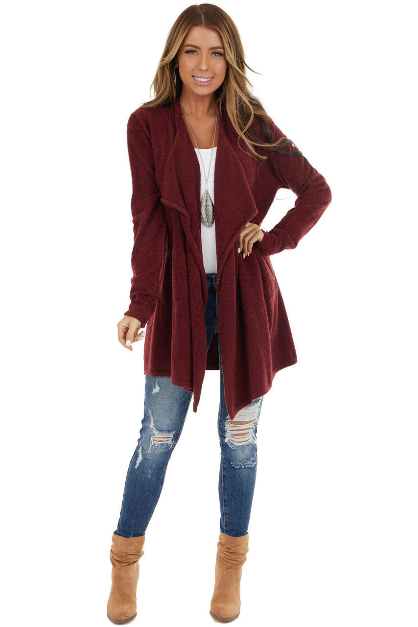 Wine Super Soft Fuzzy Open Front Cardigan with Pockets