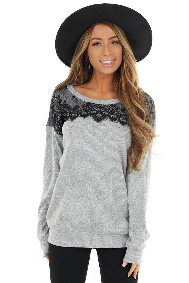 Heathered Grey Long Sleeve Knit Top with Black Lace Details