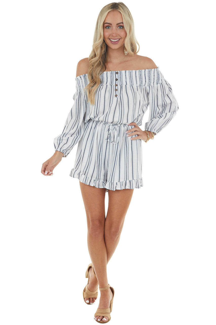 Off White and Navy Striped Romper with Buttons