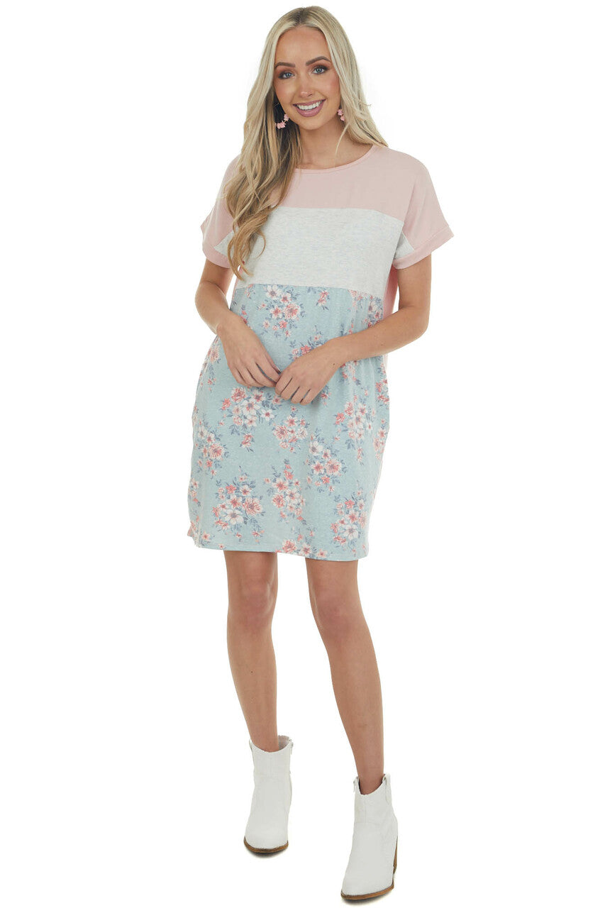 Tea Rose Floral Colorblock Dress with Pockets 