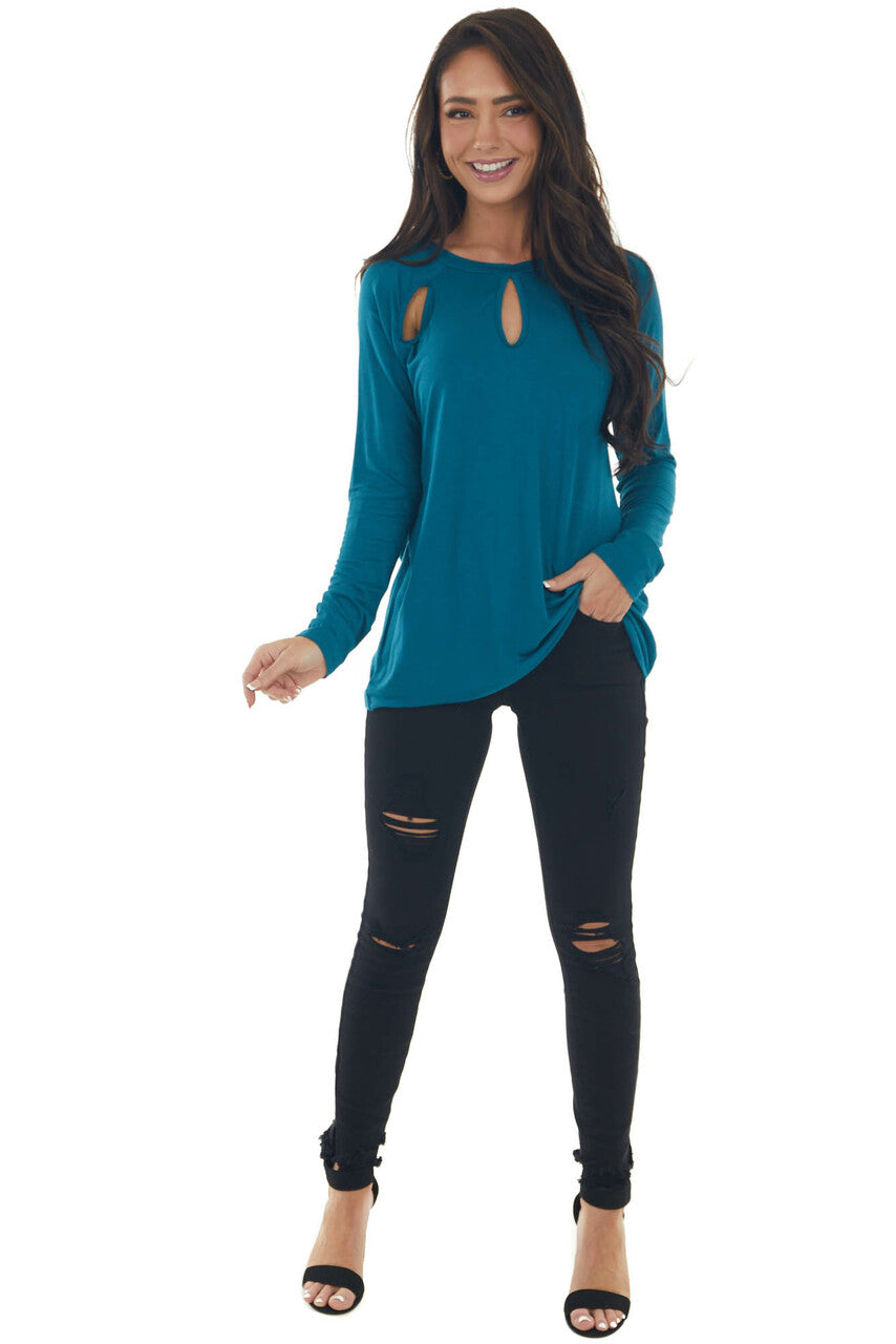 Deep Teal Long Sleeve Triple Chest Keyhole Top 