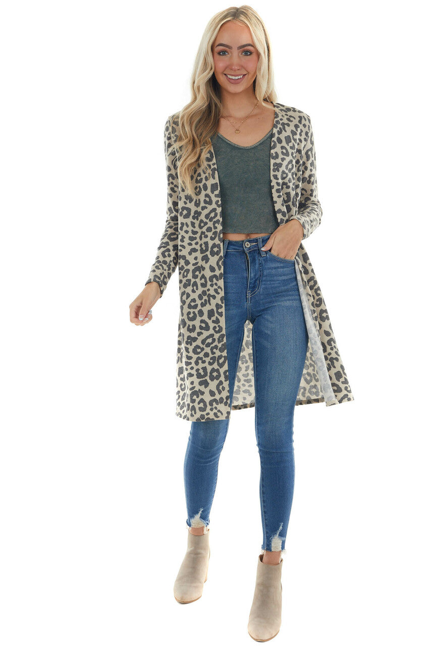 Sand Leopard Print Open Front Knit Cardigan