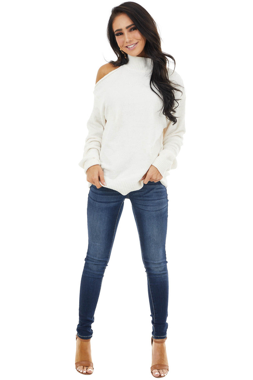Ivory Cold Shoulder Chenille Sweater with Long Sleeves