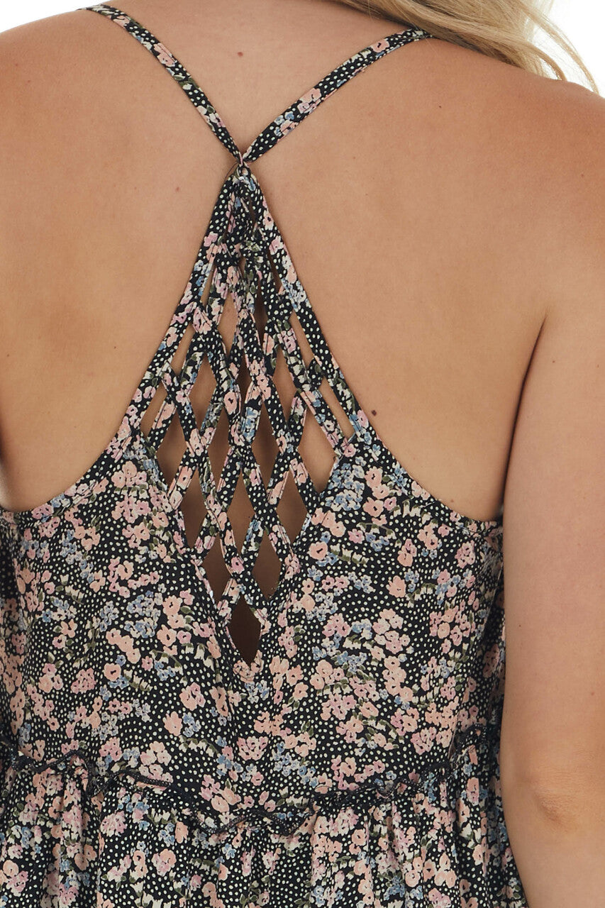 Black Floral Print Sleeveless Dress 