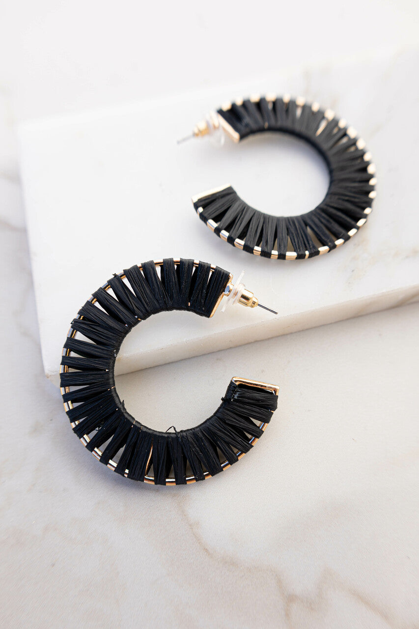 Black and Gold Accent Raffia Hoop Earrings